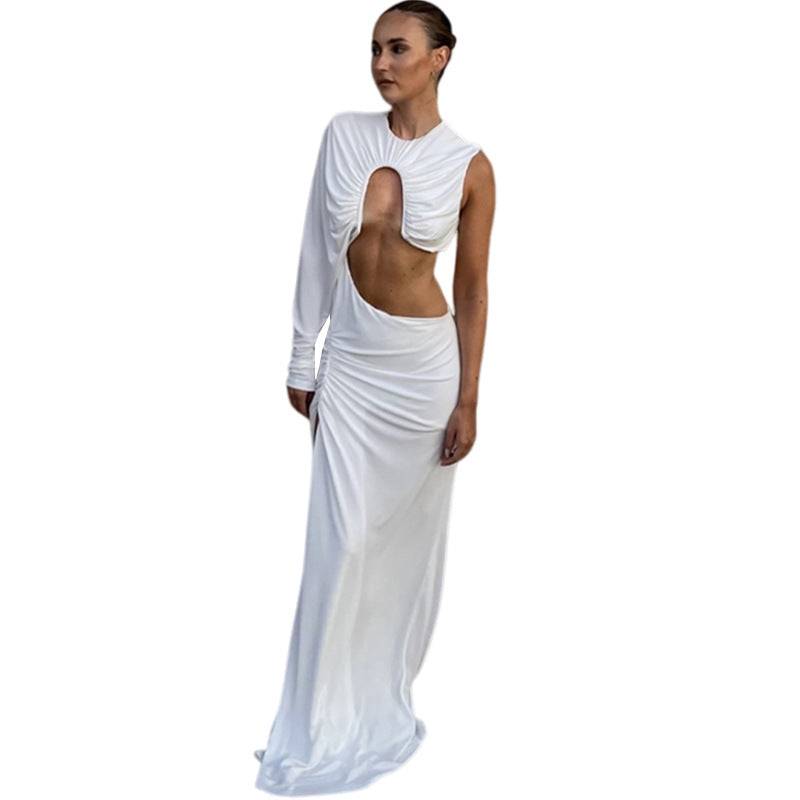 White Ruched Irregular Hollow-Out One Sleeve High Slit Maxi Dress