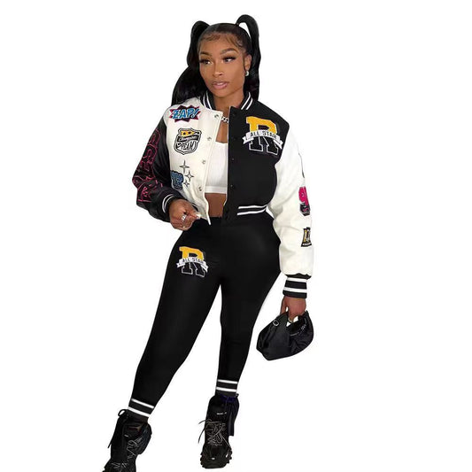 Colorblock Varsity Women's Hip-Hop Letterman's Baseball Bomber Jacket + Sweatpants 2-Piece Set