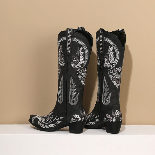 Embroidered Western Denim Retro Women's Knee-High Cowgirl Rodeo Boots