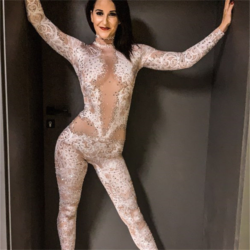 Crystal Metallic Floral Rhinestone Mesh Hollow-Out Print Long Sleeve Women's Dance Performance Jumpsuit