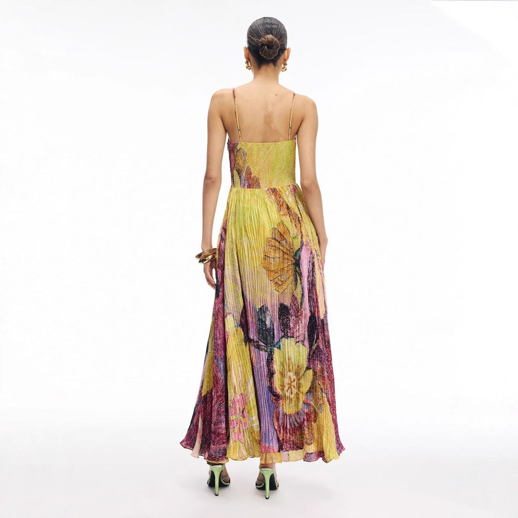 Sleeveless Yellow/Purple Flower Print Pleated Spaghetti Strap A- Line Maxi Party Dress