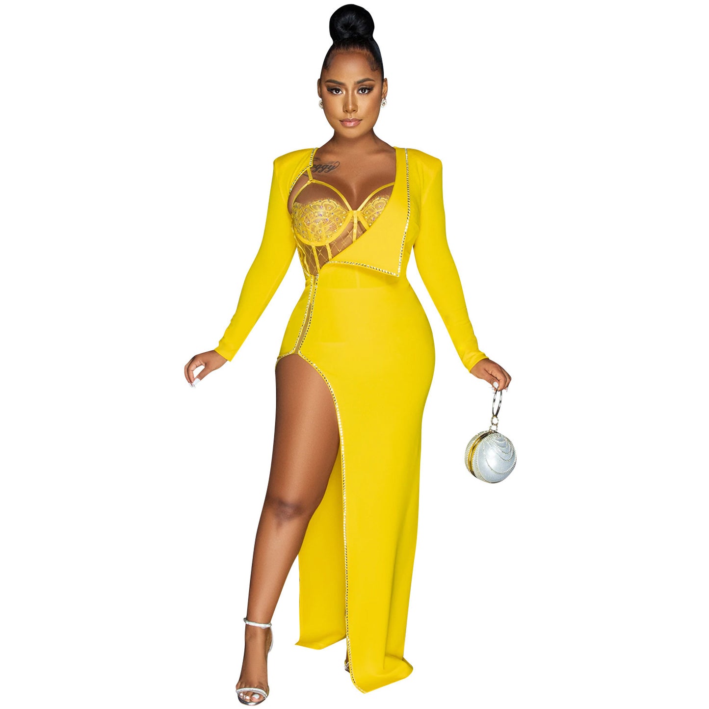 Irregular Rhinestone Cami Open Zipper Design Long Sleeve Solid Color Formal Maxi Party Dress