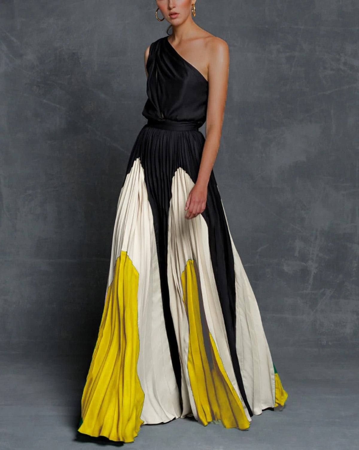 Asymmetrical Pleated One Shoulder Sleeveless Colorblock Striped/Floral Print Sleeveless Flared Maxi Dress to 3X Plus Size