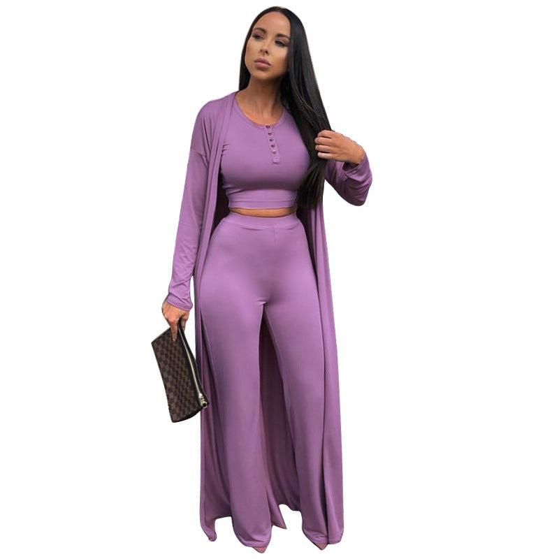 Open Solid Color Women's Maxi Cardigan + Button-Up Crop Top + Elastic Waist Leggings 3-Piece Set