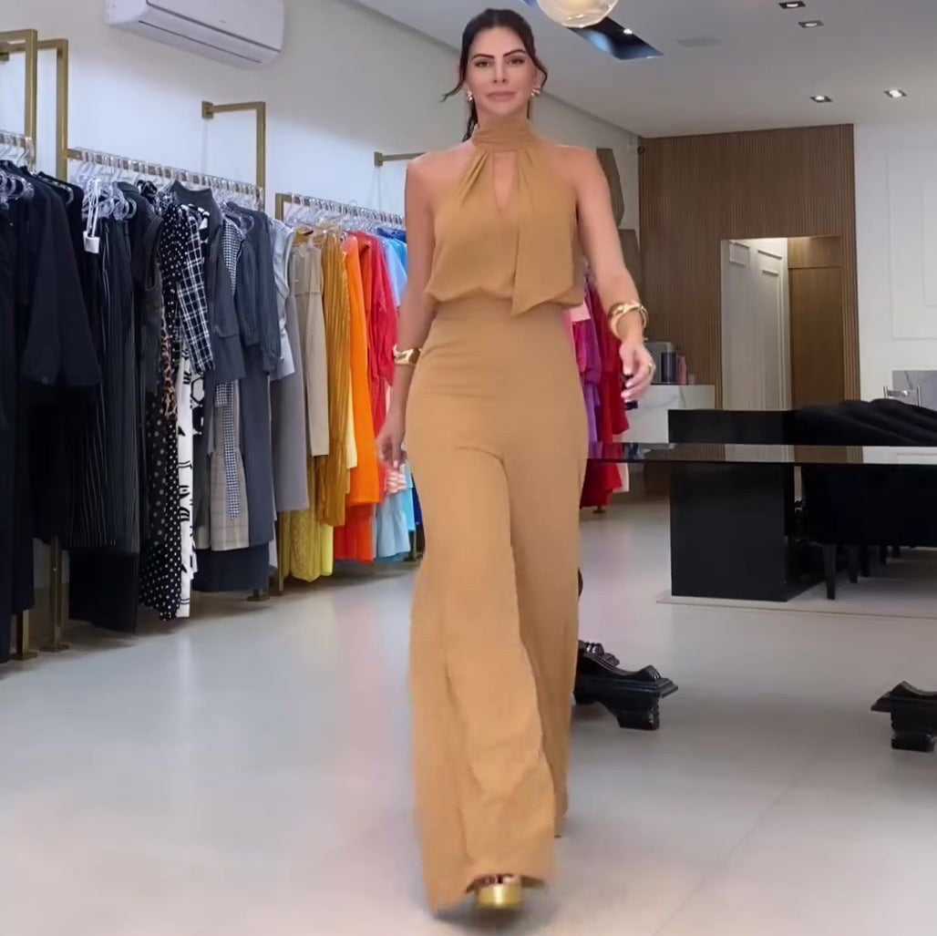 Sheer Cut-Out Sleeveless Halter Top + Wide Leg Pants Women's Solid Color 2-Piece Set to 3X Plus Size