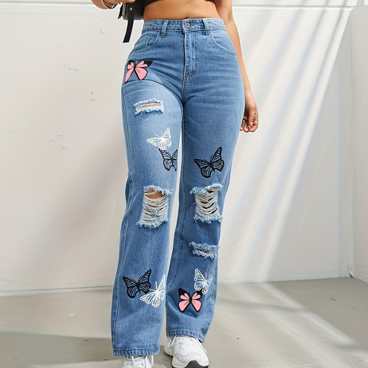 Butterfly Print Ripped Washed Distressed 5-Pocket Design Denim Women's Jeans