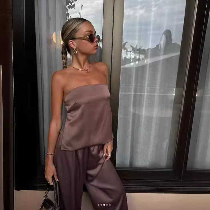 Satin Strapless Solid Color Tube Top + Pants Women's 2-Piece Set