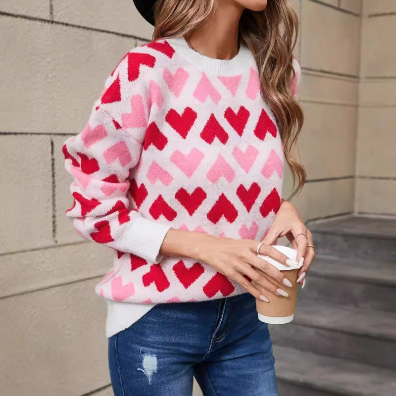 Heart Print Colorblock O-Neck Pullover Long Sleeve Women's Sweater