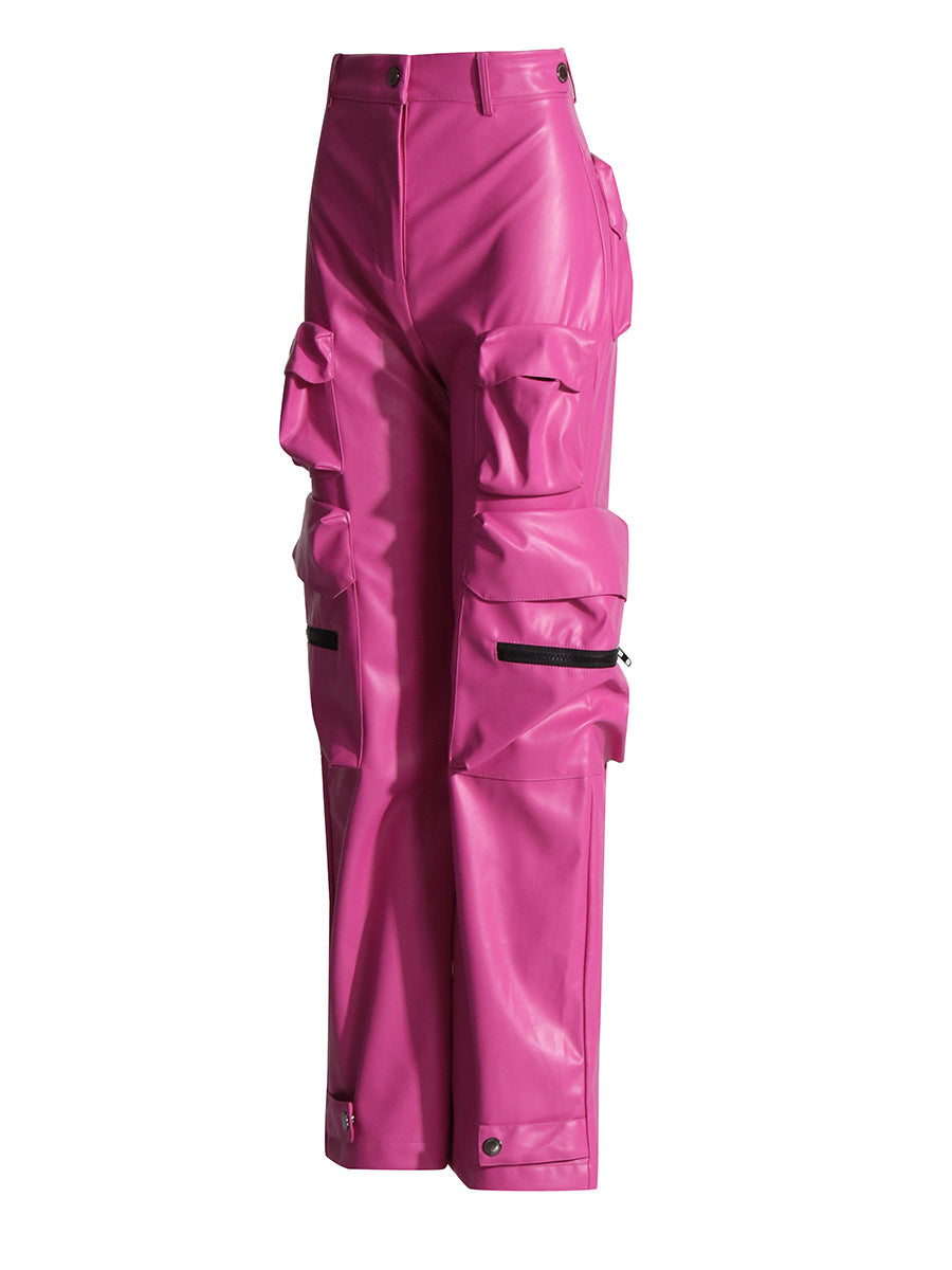 Hot Pink PU Leather Women's Multi-Pocketed Hip-Hop Streetwear Cargo Pants