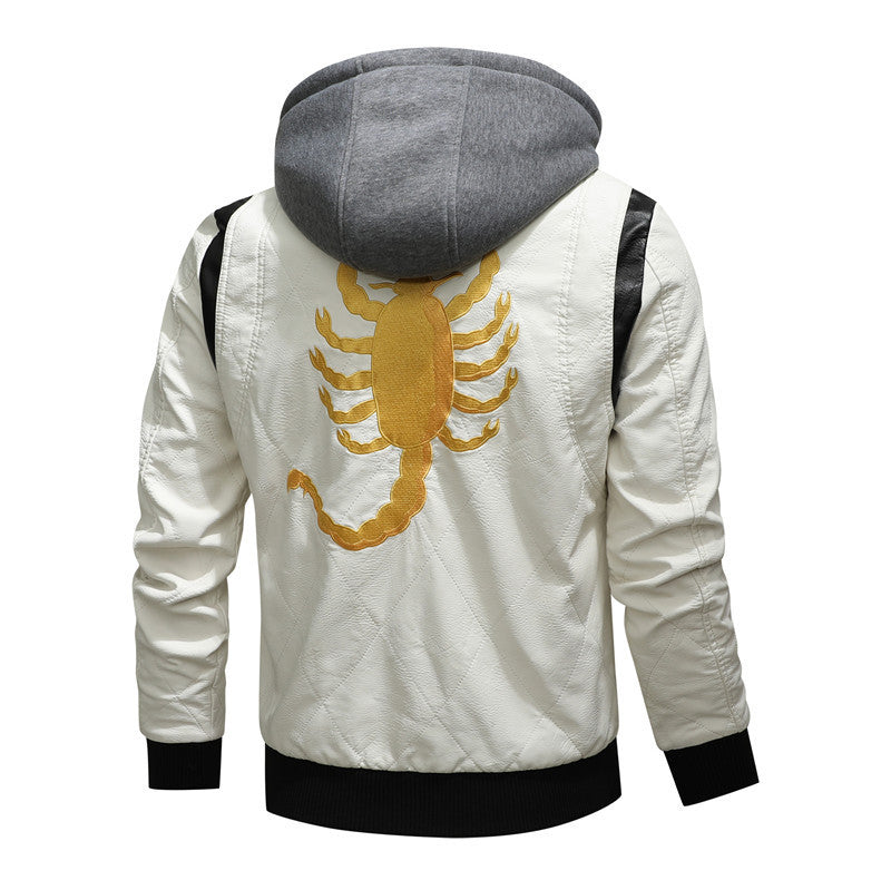 Men's PU Leather Scorpion Embroidered Back Design Drawstring Zipper Hoodie Jacket