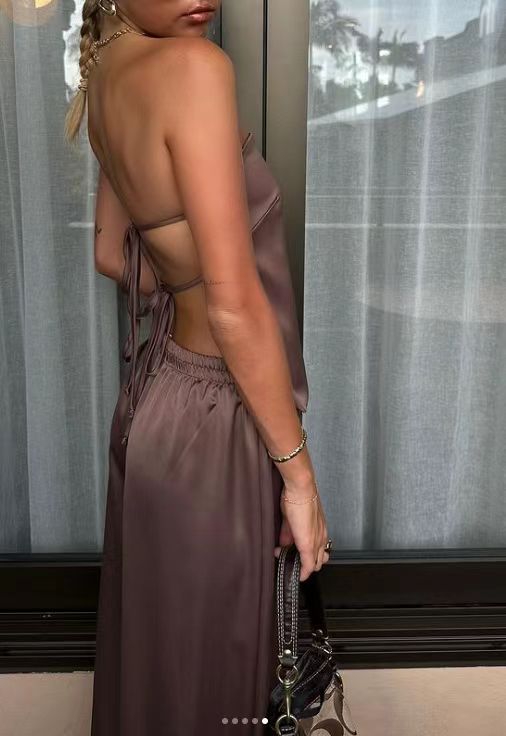 Satin Strapless Solid Color Tube Top + Pants Women's 2-Piece Set