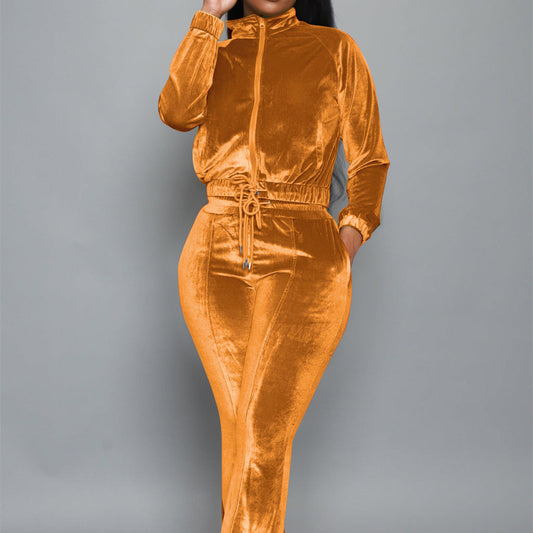 Velvet Drawstring Solid Color Women's Mandarin Collar Zipper Sweat Jacket + Sweatpants Tracksuit