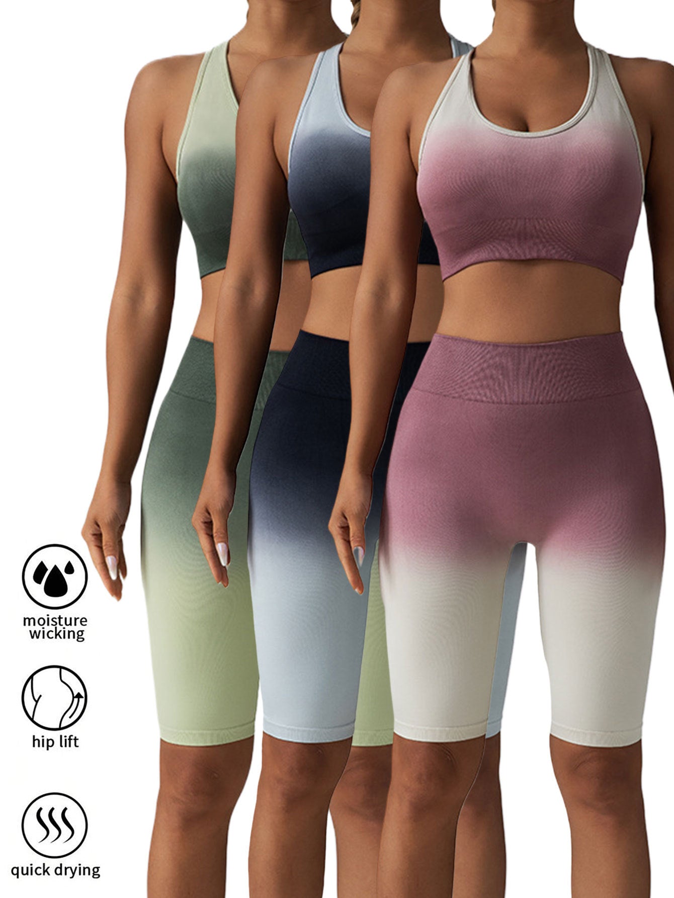 3-Pairs Pack: Colorblock Gradient Women's Workout Seamless High Waisted Scrunch Gym Yoga Biker Shorts