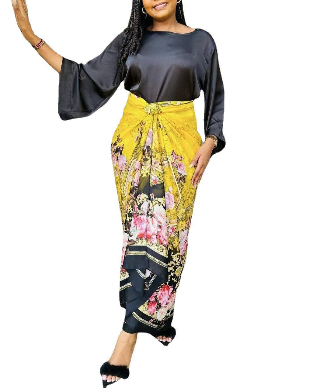 Satin 2-Tone Ruched Colorblock Floral Print Long Sleeve Maxi Dress to 3X Plus Size