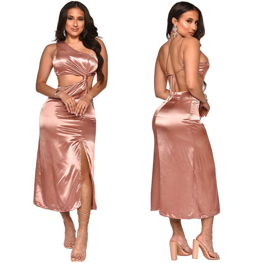 Satin Sleeveless Irregular Hollow-Out Asymmetrical One Shoulder Solid Color High Slit Party Dress