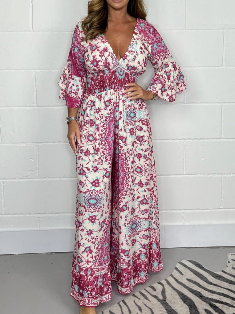 Floral Print Long Sleeve Bohemian Deep V-Neck Women's Wide Leg Jumpsuit to 3X Plus Size