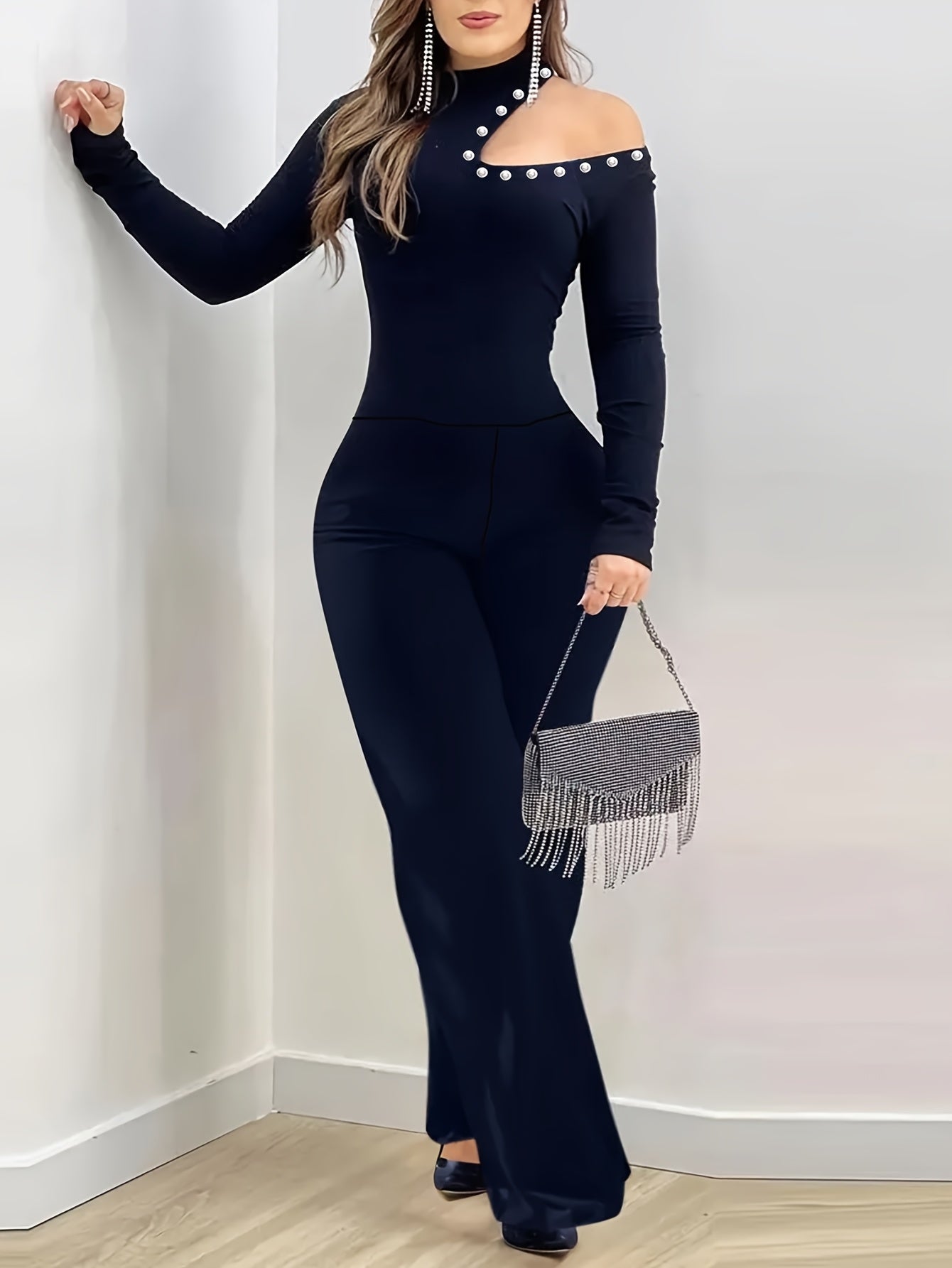 Pearl Embellished One Shoulder Navy Blue Women's Long Sleeve Jumpsuit