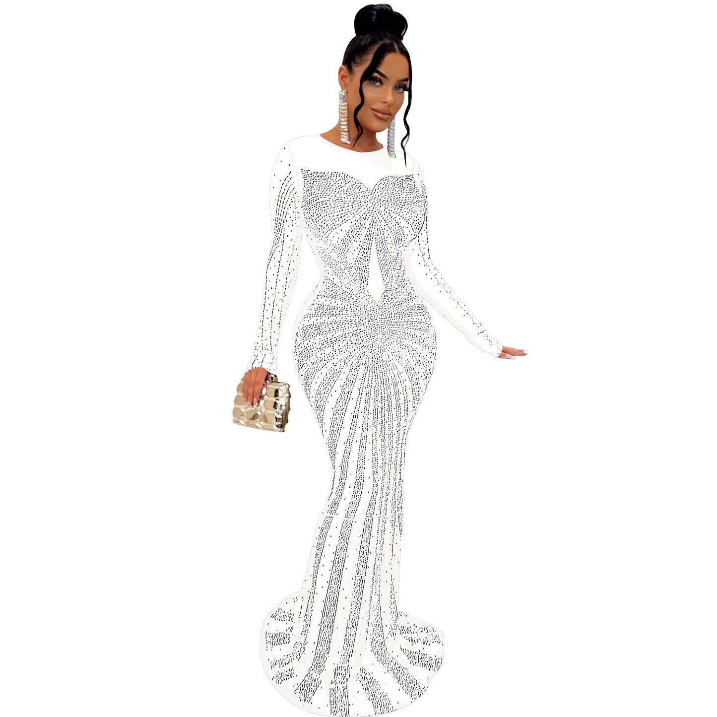 Metallic Hot Drill Rhinestone Sparkling Glitter Transparent Mesh Sheer Long Sleeve Formal Floor-Length Dress