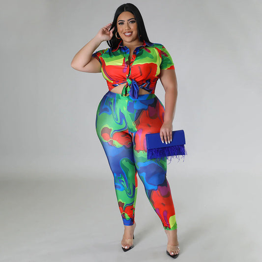 Tropical Tie-Dye Geometric Print Turn-Down Collar Short Sleeve Top + Skin Tight Leggings 2-Piece Set to 4X Plus Size