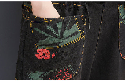 Denim Women's Floral Print Baggy Streetwear Suspender Jean Overall Jumpsuit