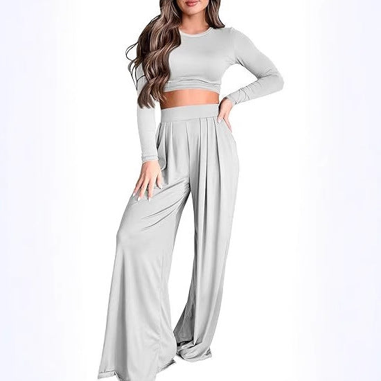 Casual Long Sleeve Crop Top+ Wide Leg Loose Pants Women's 2-Piece Set