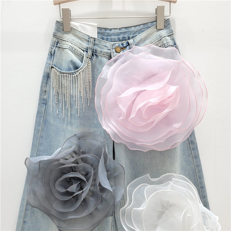 Embroidered Rose Flower Crystal Tassel Design High Waist Women's Jeans