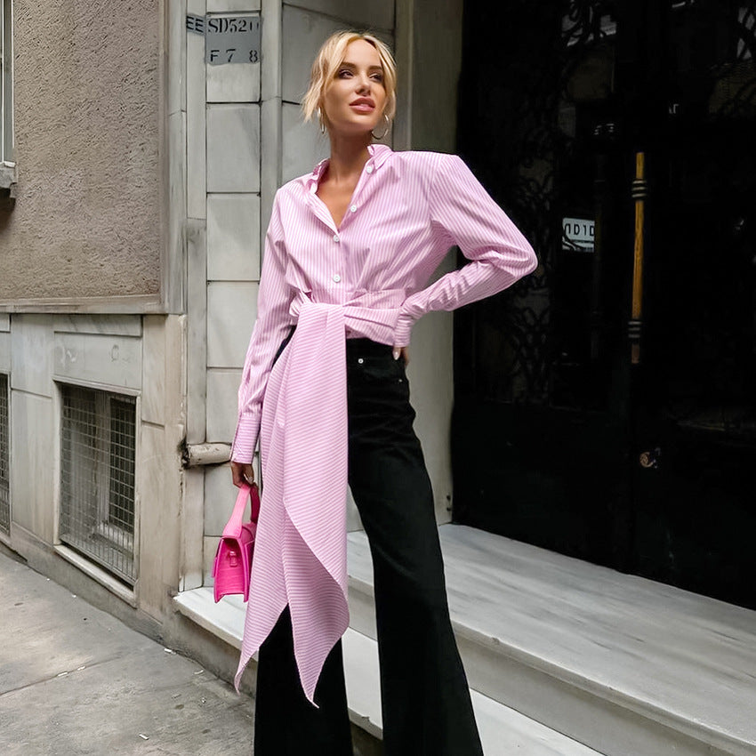 Pinstriped French Style Maxi Sash Design Women's Long Sleeve Blouse
