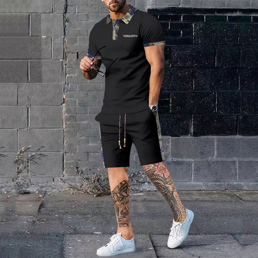 Men's Waffle Pattern Polo Shirt + Drawstring Shorts 2-Piece Set
