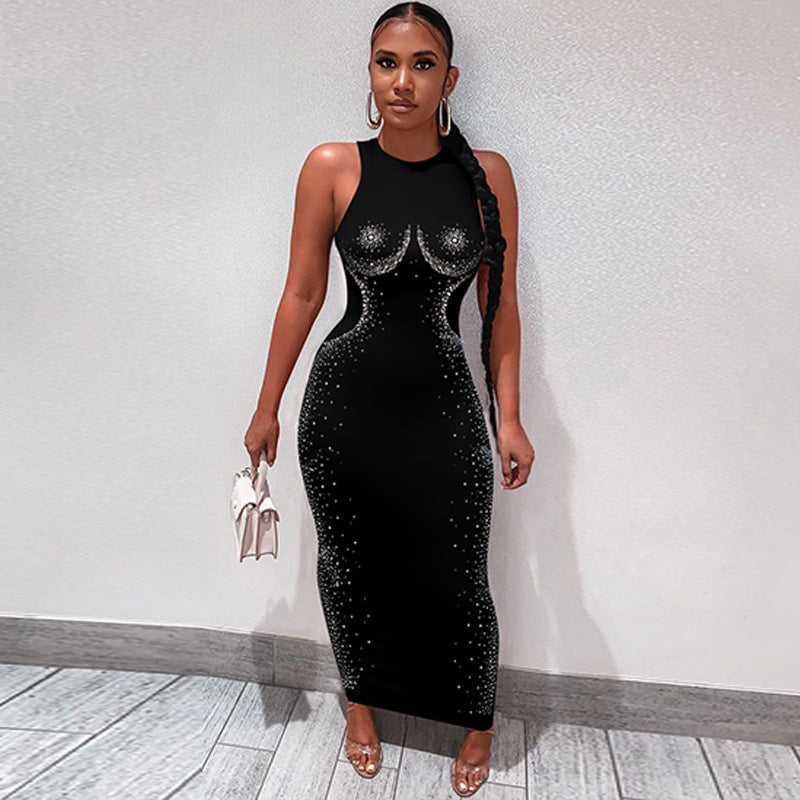 Black Rhinestone Skinny Sleeveless Maxi Dress