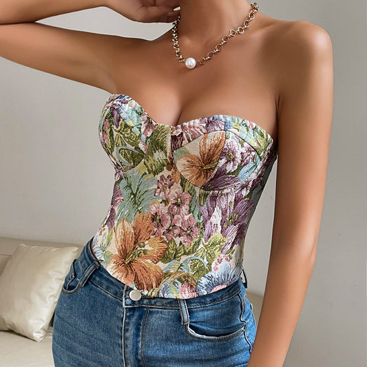 Vintage Floral Print Women's Sleeveless Lace-Up Back Corset Crop Tube Top