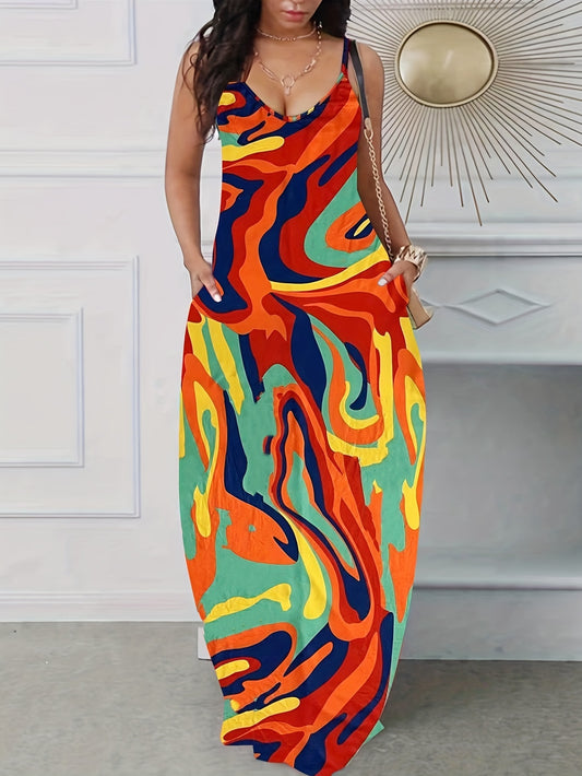 Rainbow Geometric Print Spaghetti Strap Loose Maxi Cami Dress