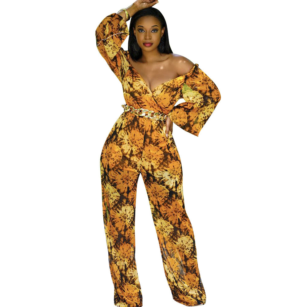 Floral Print Puff Sleeve Off-the-Shoulder V-Neck Long Sleeve Jumpsuit