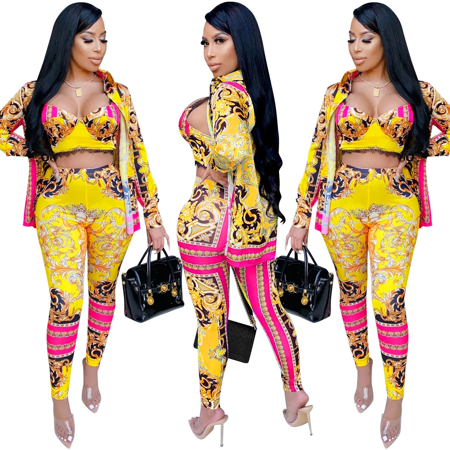 Paisley Baroque Print Women's Long Sleeve Blouse + Corset Crop Bra + Matching Leggings 3-Piece Set