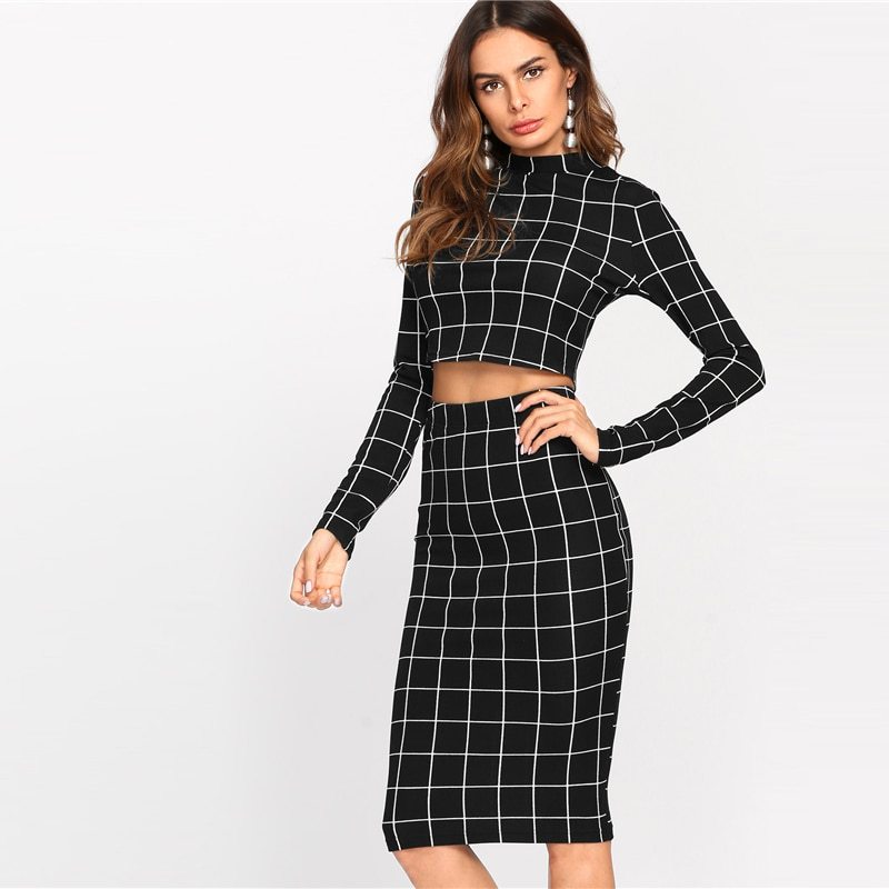Black/White Checker Grid Pattern O-Neck Collar Long Sleeve Women’s Crop Top & Office Pencil Skirt 2-Piece Set