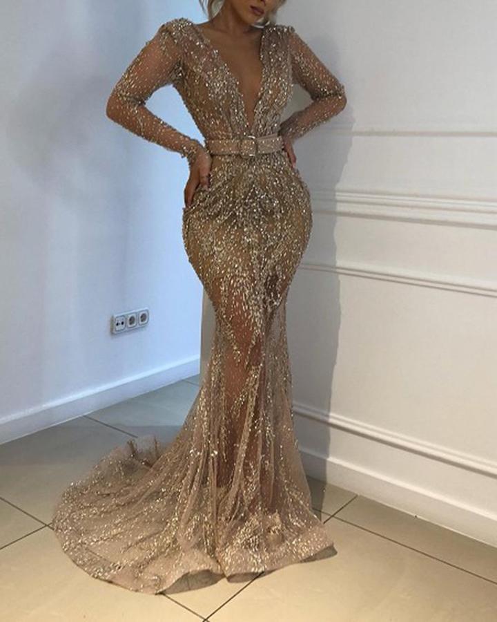 Gold Sparkling Glitter Sequined Deep Plunge V-Neck Long Sleeve Floor-Length Formal Big Swing Maxi Party/Prom Dress