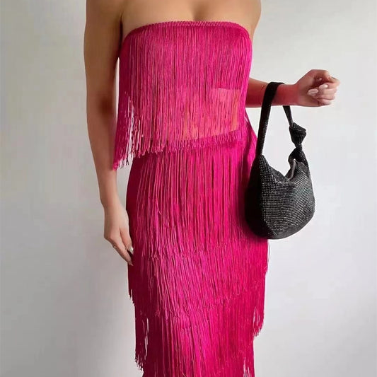 Hanging Tassel Fringe Sleeveless Tube Top + Maxi Skirt Women's 2-Piece Set