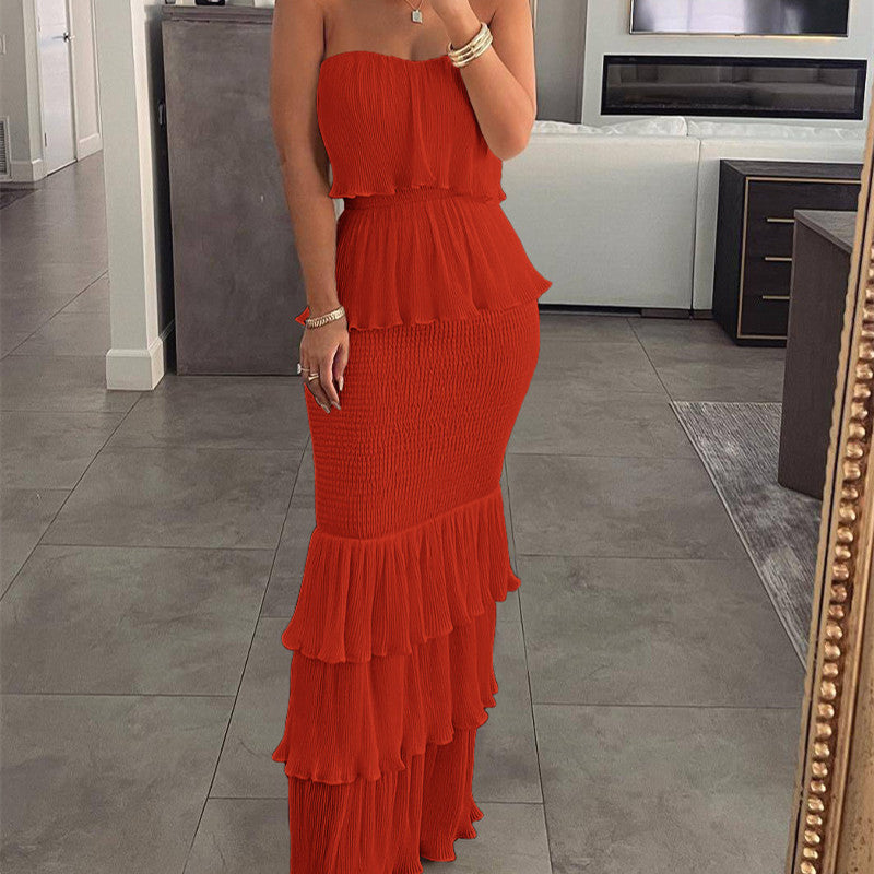 Tiered Sleeveless Smocked Pleated Ruffled Maxi Tube Top Dress