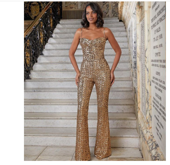 Sleeveless Sparkling Sequin Strapless Formal Tube Top Jumpsuit
