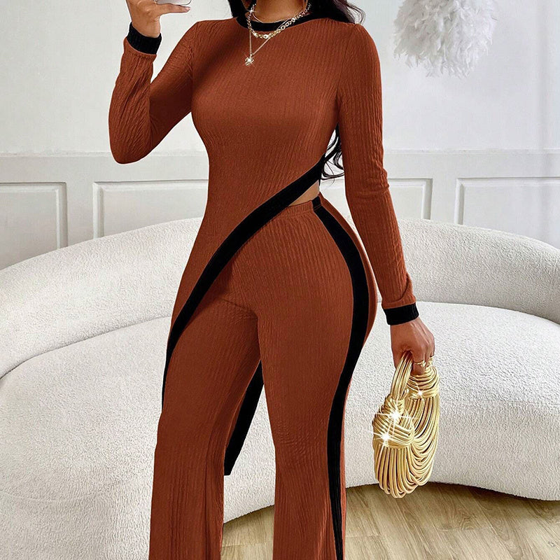 Striped Colorblock Women's Asymmetrical Hem Long Sleeve Top + Wide Leg Pants 2-Piece Set