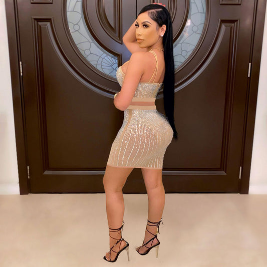 Diamond Encrusted Women's Crop Tank Top + Mini Skirt 2-Piece Set to 3X Plus Size