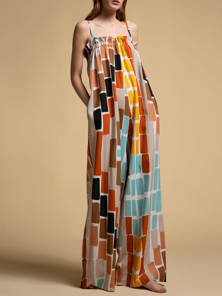 Abstract Geometric Print Women's Sleeveless Halter Neck Wide Leg Jumpsuit