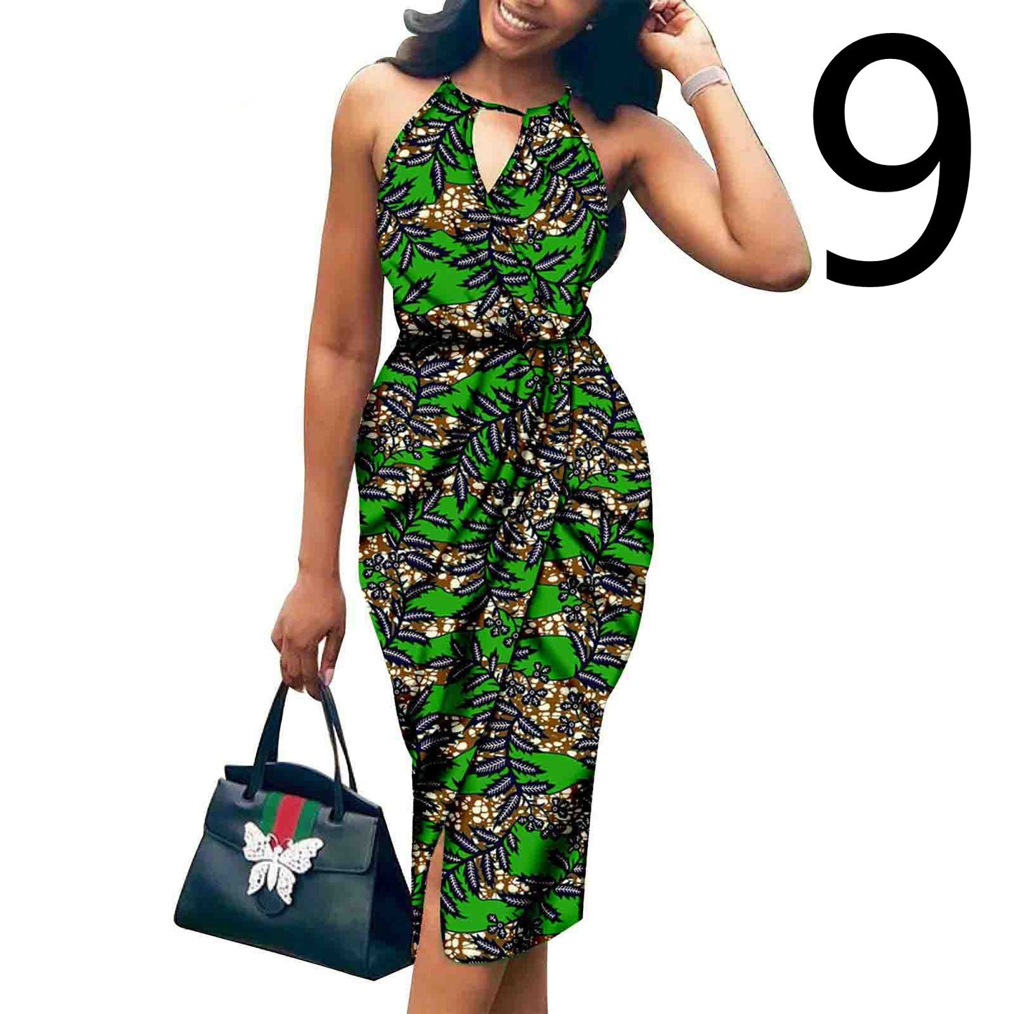 African Print Batik Cotton Sleeveless V-Neck Halter Strap Formal Party Dress to 3X Plus Size