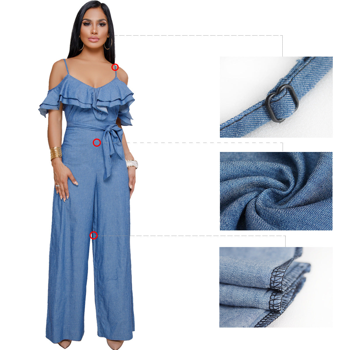 Off-the-Shoulder Denim Blue Spaghetti Strap Ruffled Bowknot Sash Belt Design Women's Jeans Jumpsuit