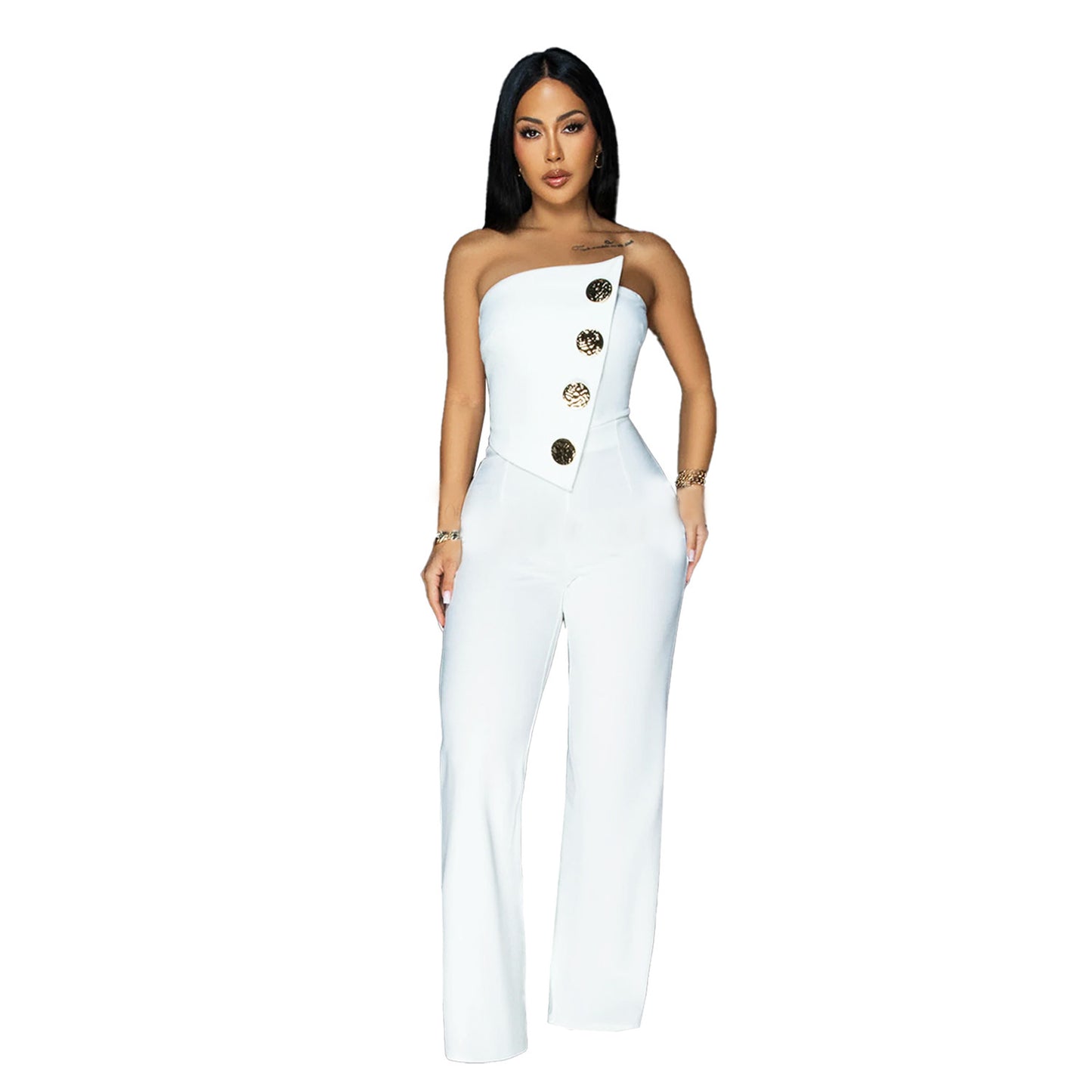 Sleeveless Big Button Detail Solid Color Women's Tube Top Jumpsuit