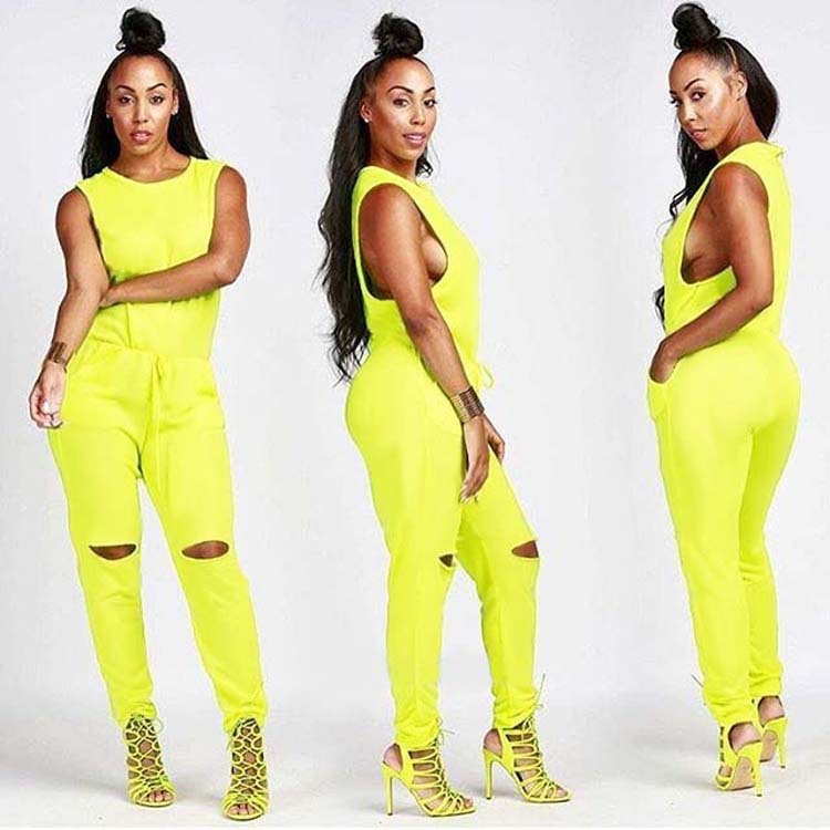 Ripped Knee O-Neck Sleeveless Women's Zipper Back Solid Color Drawstring Skinny Jumpsuit