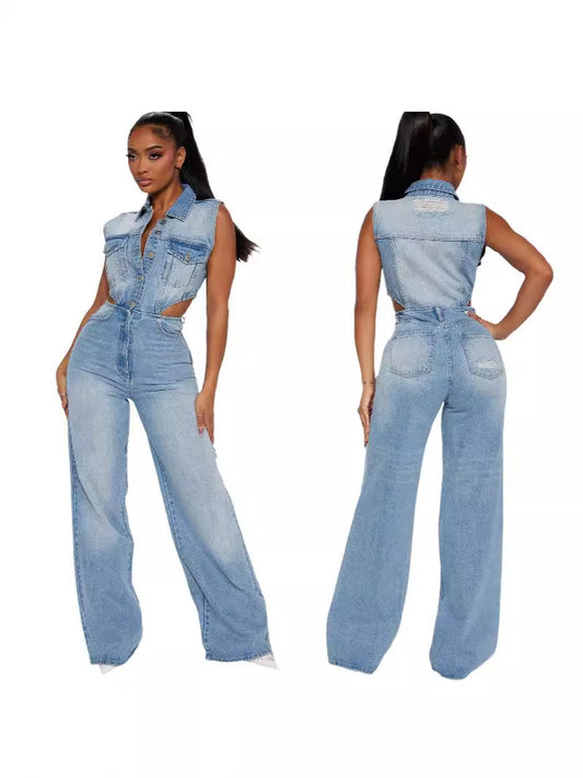 Denim Light Blue Gradient Washed Women's Hollow-Out Double Pocket Sleeveless Turn-Down Collar Overall Jean Jumpsuit