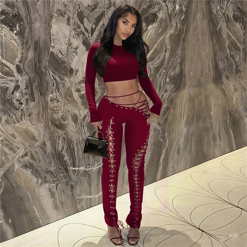 Sexy Long Sleeve Hollow-Out Lace-Up Women's Crop Top + Skin Tight Leggings 2-Piece Set