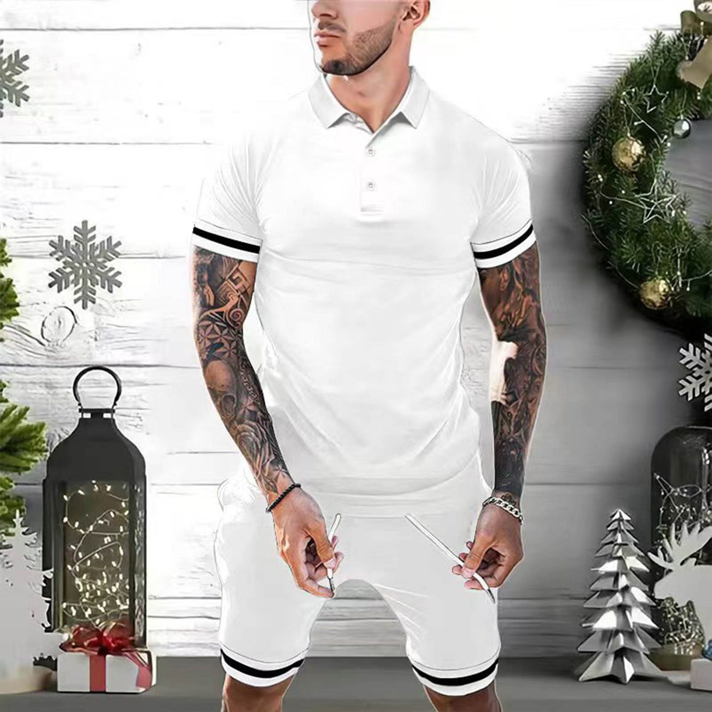 Men's Side Striped Turn-Down Collar Short Sleeve Polo Shirt + Shorts 2-Piece Set