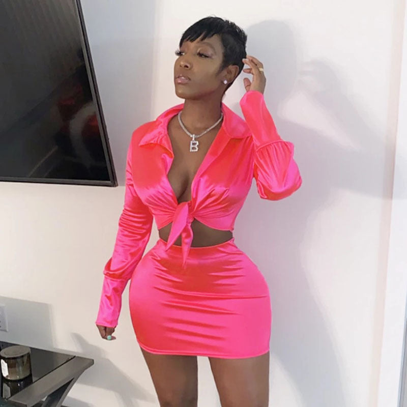 Shiny Satin Long Sleeve Lace-Up Crop Blouse + Bodycon Mini Skirt Women's Solid Color 2-Piece Set