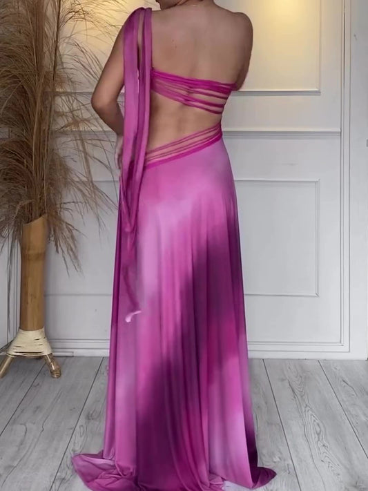 Purple Gradient Colorblock Hollow-Out Asymmetrical One Shoulder Formal Maxi Dress